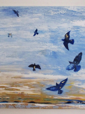 Jane Heyes Art Liberty - Birds on blue with gold size 1m sq