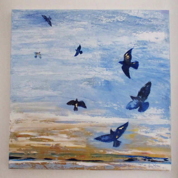 Jane Heyes Art Liberty - Birds on blue with gold size 1m sq